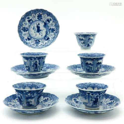 A Series of 5 Blue and White Decor Cups and Saucers