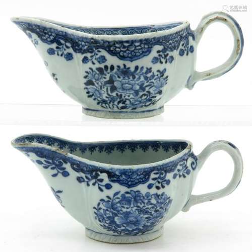 Two Blue and White Decor Gravy Boats