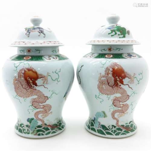 A Pair of Famille Verte Decor Jars with Cover