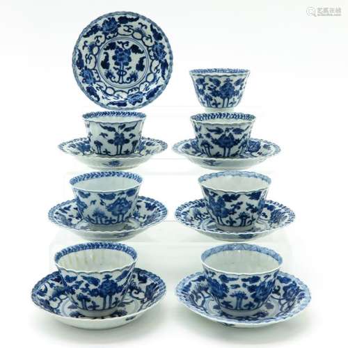 A Series of Seven Blue and White Decor Cups and Saucers