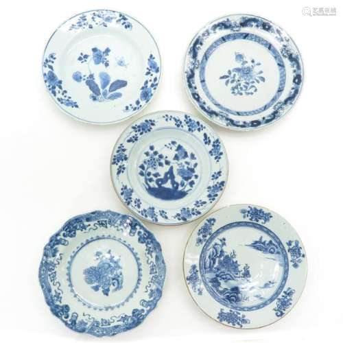 A Diverse Lot of Five Blue and White Plates