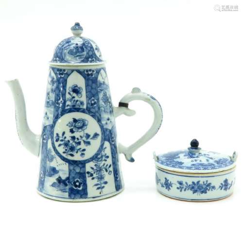 A Blue and White Decor Coffee Pot and Butter Dish