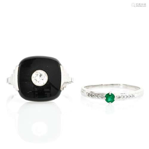 An Onyx and Diamond Ring and Emerald and Diamond Ring