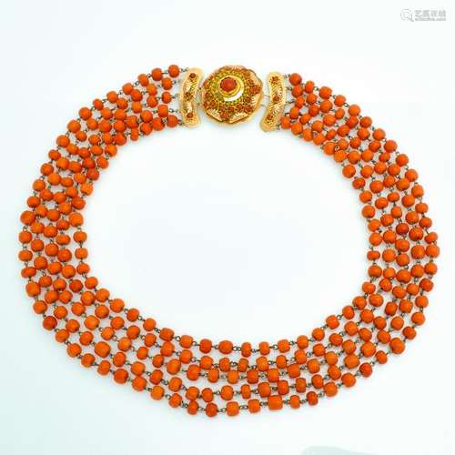 A 19th Century Five Strand Red Coral Necklace