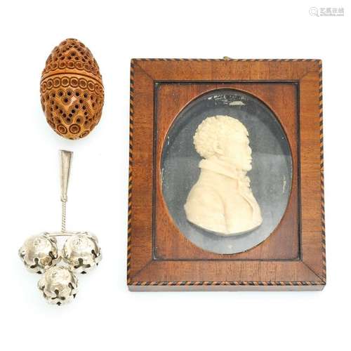 A Silver Rattle, Min. Portrait & Antique Craved Egg