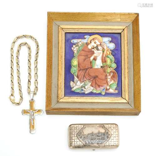 A Russian Silver Snuff Box, Crucifix, and Enamel Plaque