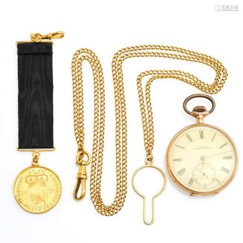 A 14KG Pocket Watch & Chain and Signet with Gold Coin