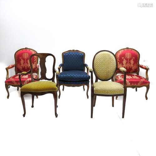 Five Fauteuil Upholstered Arm Chairs