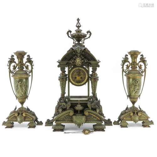 A Signed 19th Century Three Piece Clock Set