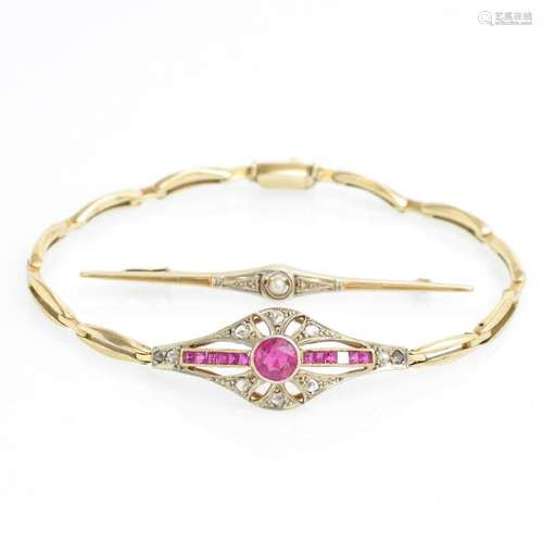 A 14KG Art Deco Ruby and Diamond Bracelet with Brooch