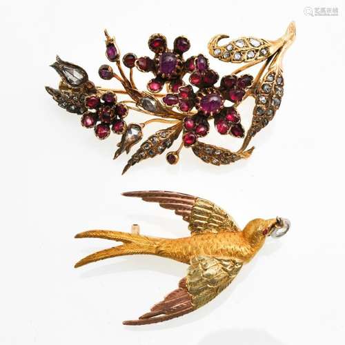 Two Gold Brooches Set with Diamonds and Rubies