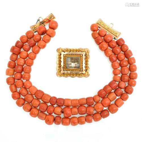 19th Century Three Strand Red Coral Necklace 14KG Clasp