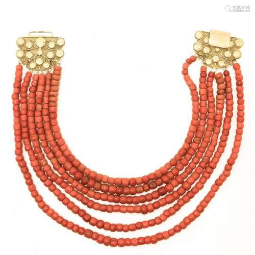 A 19th Century Six Strand Red Coral Necklace on 14KG