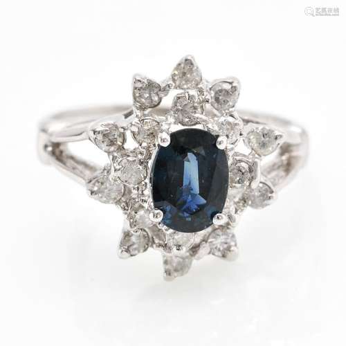 A 14KWG Ladies Diamond and Sapphire Ring