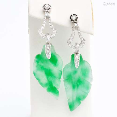 A Pair of 18KWG Jade and Diamond Earrings