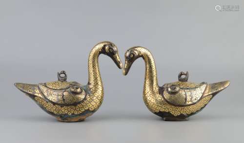 A Pair of Chinese Bronze Gooses with Gold and Silver Inlaided