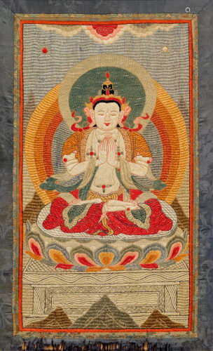 GESTICKTES THANGKA DES AVALOKITESHVARA.