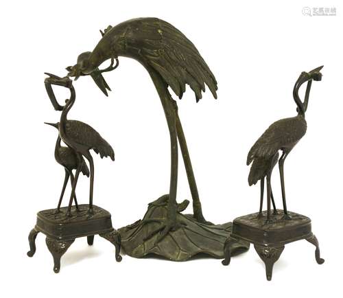 Three Japanese bronze cranes