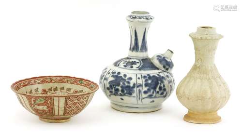 A blue and white kendi, a qingbai vase and a Vietnamese bowl