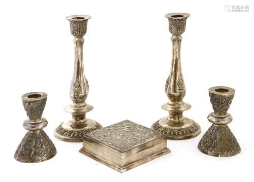 Two pairs Thai silver candlesticks and a box