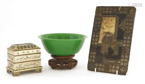 A Chinese lacquered panel, a glass bowl and an incense burner