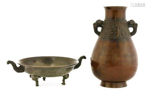 A Chinese bronze vase and a bronze censer