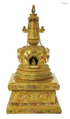 A Tibetan gilt bronze stupa