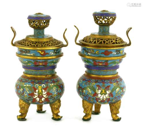 A pair of Chinese cloisonné incense burners
