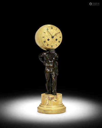 A FIRST QUARTER OF THE 19TH CENTURY PATINATED AND GILT BRONZE CLOCK 十九世紀法國青銷阿特拉斯雕塑鐘
