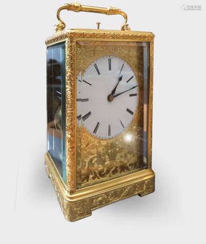 MID-19TH CENTURY FRENCH ENGRAVED QUARTER STRIKING CARRIAGE CLOCK稀有法国 1 9 世纪中期车厢型钟表。 伦敦 Cooper