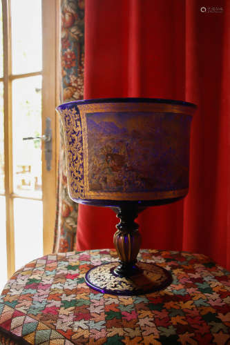 VENETIAN MURANO ARS CENEDESE BLUE GLASS BOWL 威尼斯穆拉诺蓝色高足玻璃碗 饰战争场景图，签名款。