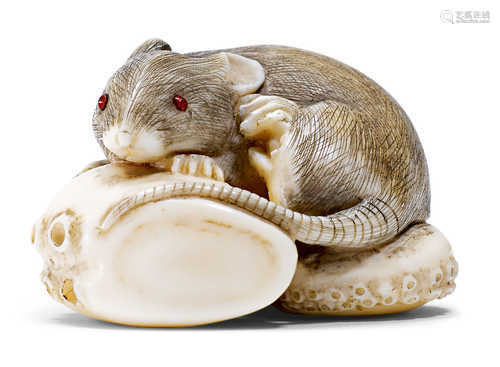 NETSUKE EINER RATTE AUF OKTOPUS-TENTAKEL.