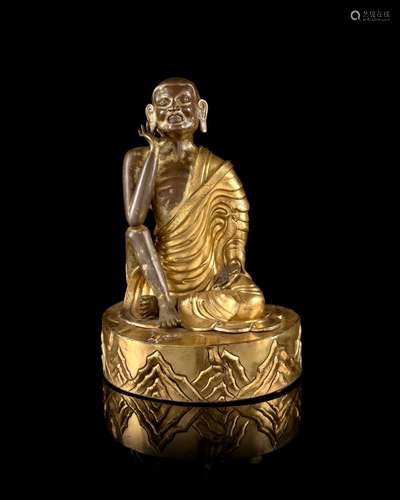 STATUETTE DE MILAREPA EN CUIVRE REPOUSSÉ PARTIELLEMENT DORÉ, Tibet, XIXe siècle