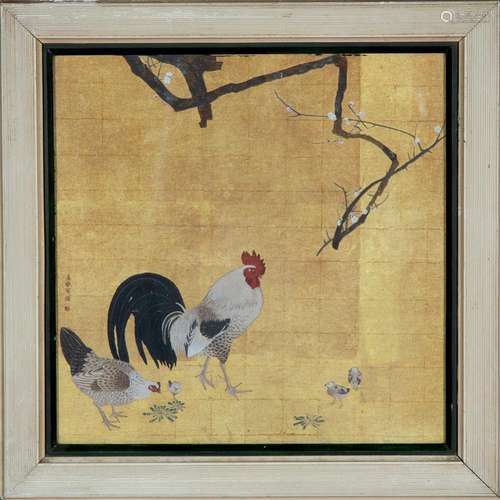 A Japanese painting of Rooster, hen and chicks, by Maruyama Okyo (or follower)