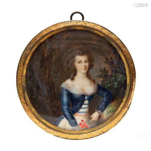 A portrait miniature of a lady in a dark blue dress