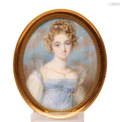 A portrait miniature of a young lady in a blue striped dress