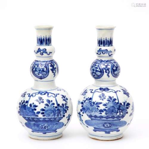 Two triple gourd blue & white vases
