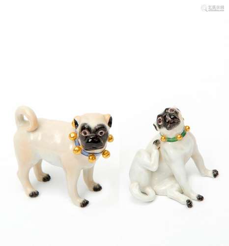 Two Meissen porcelain pug dog figures