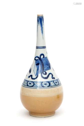 A café-au-lait glazed rose water sprinkler with blue & white