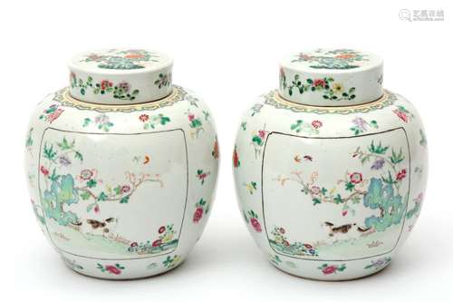 Two fencai cat & butterfly pattern lidded vases