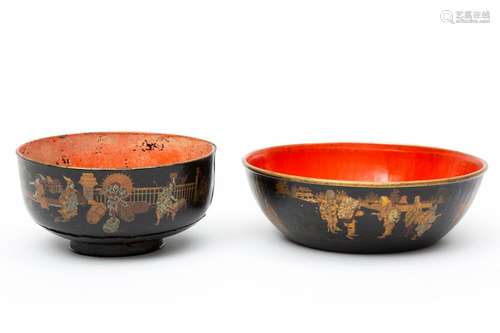 Two French black-and-gilt lacquer papier-mâché bowls