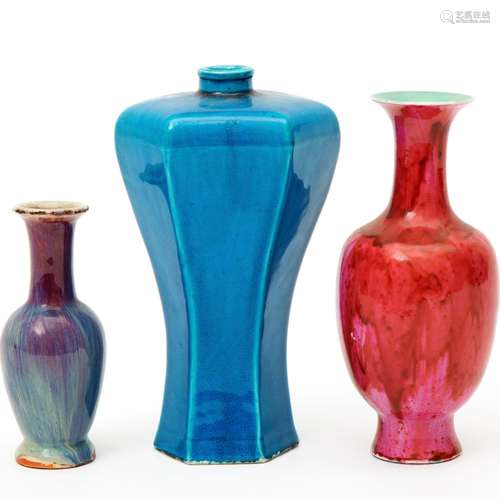 Three vases, two monochrome and one flambé