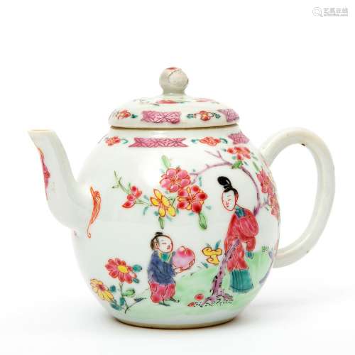 A fencai teapot decorated with figures in a garden