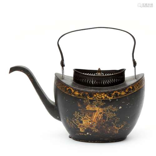 A black and gilt tole peinte oval teapot