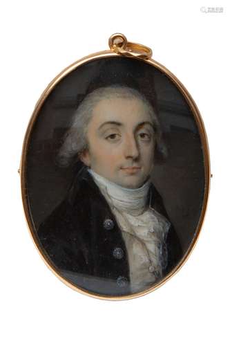 A portrait miniature of a man in a dark blue coat