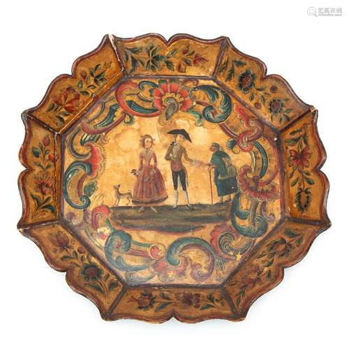 A Dutch decorated wooden octagonal tray