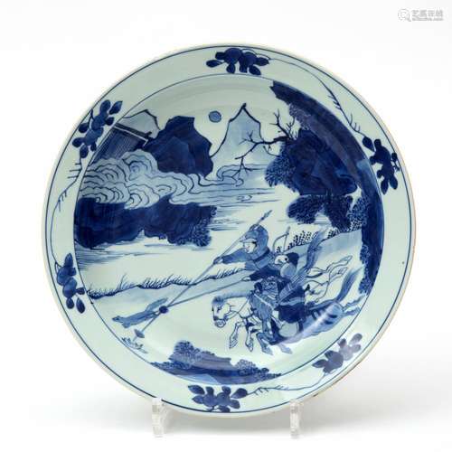 A large porcelain blue & white plate with hunting scene