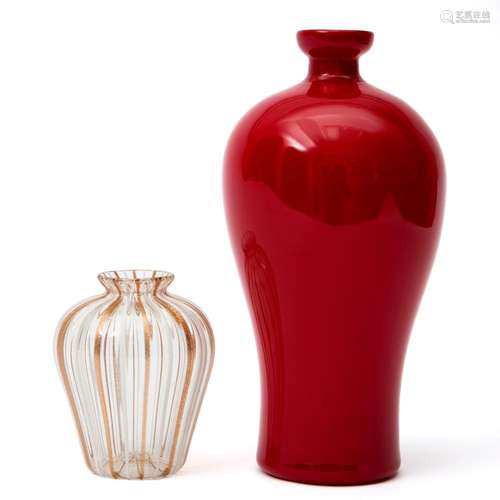 Carlo Scarpa, a Venini red glass vase, with a smaller Murano vase