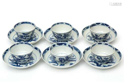 A set of 6 blue & white teabowls and saucers