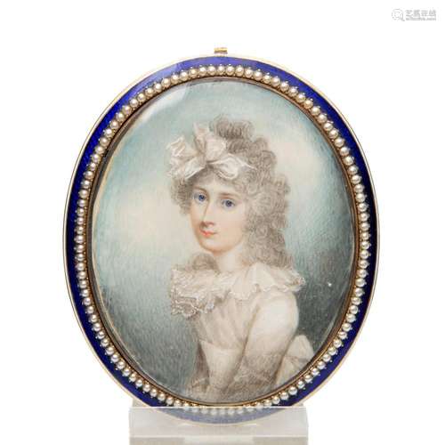 A portrait miniature of a young lady in a white dress